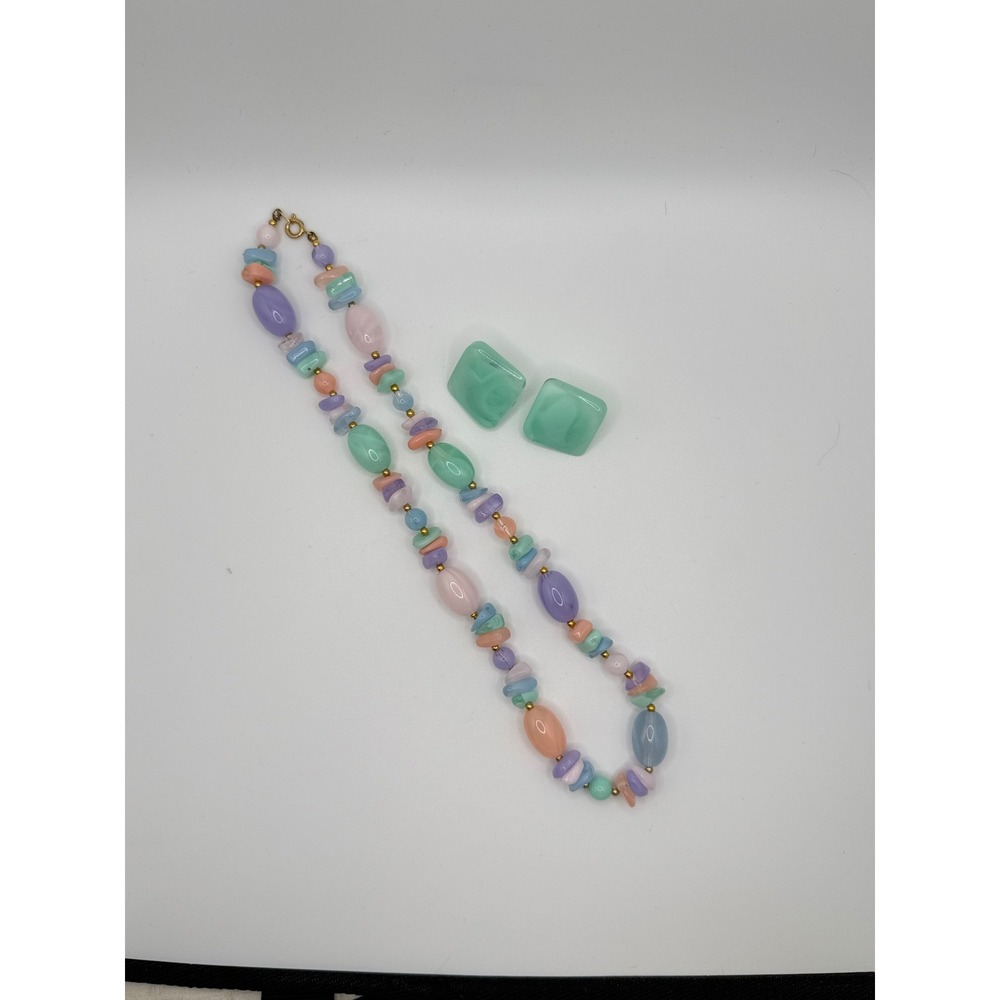 Vintage Pastel Beaded Necklace & Mint Green Square Stud Earrings Jewelry Set